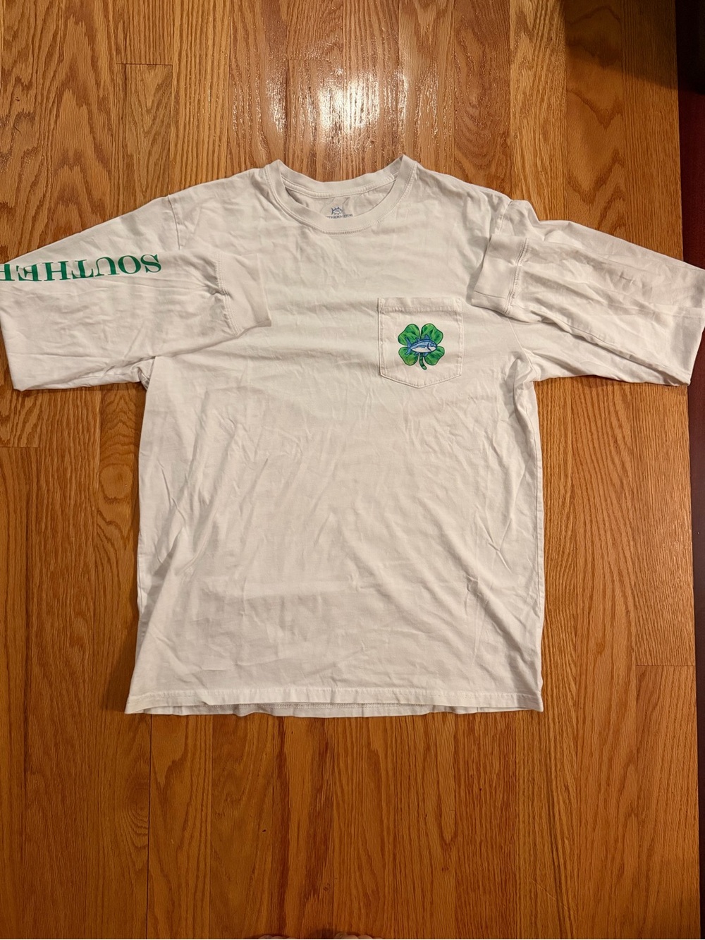 Southern Tide White Long Sleeve Pocket Tee with Green Clover Graphic